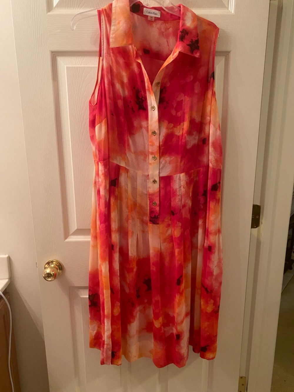 Calvin Klein Sleeveless Midi Dress in Pink and Orange Watercolor
